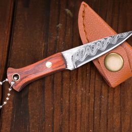 Mini Damascus Laser Pattern Knife Key Chains Pendant Small Blade Straight Knife With Leather Case Portable EDC Knife Tools
