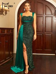 Casual Dresses Missord Elegant Green Sequin Dress Women Satin Strap Sleeveless Thigh Split Draped Bodycon Wedding Party Evening Gown