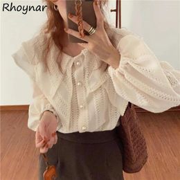 Women's Blouses Solid Shirts Women Spring Sweet Girls Simple All-match Daily Leisure Hollow Out Lantern Sleeve Designed Button Ulzzang