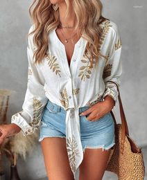 Women's Blouses Women 2024 Spring And Summer Leaf Embroidery Feminine Top Long Sleeve Casual Stand Collar Tied Detail