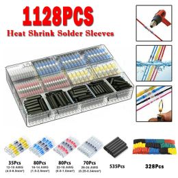50/300/1128PCS Waterproof Heat Shrink Butt Crimp Terminals Solder Seal Electrical Wire Cable Splice Terminal Kit with Heater