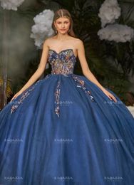 Królewskie niebieskie sukienki Quinceanera suknia balowa w V-decki błyszczące aplikacje Puffy meksykańskie słodkie 16 sukienek 15 anos
