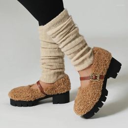 Dress Shoes Spring Artificial Woollen Pumps For Women Round Toe Platform Chunky Heels Buckle Strap Warm Short Plush Mary Jane Woman