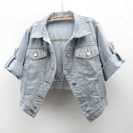 Women's Tanks 2024 Summer Thin Short Denim Jacket Women Vintage Sleeve Cowboy Outerwear Korean Big Pocket Slim Jean Coat Female B311