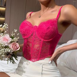 Women's Tanks Women Sexy Lace See Through French Style Fishbone Corset Tops Ladies Pink Thin Straps Push Up Bra Night Club Party Wear