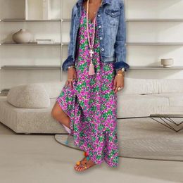 Casual Dresses Deep V-neck Sleeveless Loose Beach Dress Bohemia Floral Print Sling Long Streetwear For Women 2024 Summer