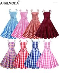 Casual Dresses Women Vintage Plaid Printed Summer Dress Evening Prom Gowns Flare Sundress Retro Bow Belt Spaghetti Strap 50s Swing Party