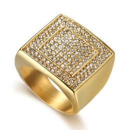 Hip Hop Mens Iced Out CZ Big Square Ring 14K Gold Cool Large Party Male Rings Bling Jewlery
