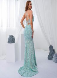Party Dresses Luxury Mint Sequin Slip Lace Up Long Cocktail Dress Backless Hollow Out Velvet V Neck Ball Gown Celebrity Women Summ3504185