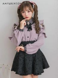 Women's Blouses Japanese Rojita Lolita Mine Off-Shoulder Lace Stitching Blouse Women 2024 Spring Autumn Sweet Cute Bow Loose Slim Camisas