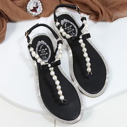 Women sandals summer shoes flat pearl sandals comfortable string bead beach slippers casual sandals pink white black 240524