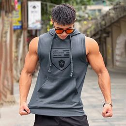 Hooded Print Cotton Gyms Clothing Mens Bodybuilding Tank Top Sleeveless Vest Sweatshirt Fitness Workout Sportswear Tops Male 240524