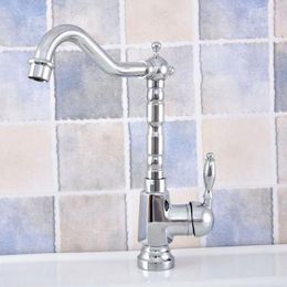 Kitchen Faucets Polished Chrome Brass Single Handle Hole 360 Swivel Spout Bathroom Faucet Cold Water Taps Lsf643