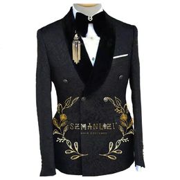 Double Breasted One Piece Black Floral Jacket Men Suit Jacquard Blazer Slim Fit Business Formal Party Evening/Prom Wedding Coat 240518