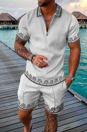 Mens Summer Casual Polo Shirt Set Male Fashion Tracksuit Solid Color Suit Trun Down Collar Zipper Clothing Vintage Outfit 240517