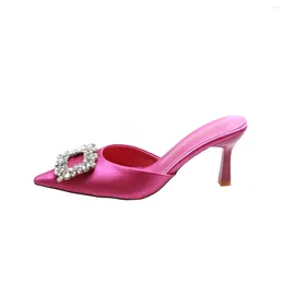 Dress Shoes Rose Red Women Pumps Silk Satin Pointed Toe Rhinestone Crystal High Heels Woman Wedding Slip On Cup Heeled Mules