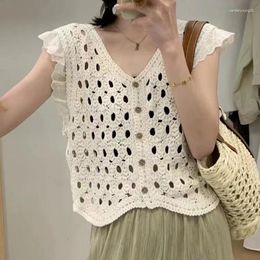 Women's Knits Sheer Crochet Tank Top Button Front V-Neck Open-knit Hollow Out Crop Blouse Cardigan Women Summer Boho Vacation Outfit