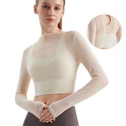 Women Mesh Yoga Sports T-Shirts Criss Cross Back Sports Bra Padded Long Sleeve High Elastic Crop Tops Breathable Workout Yoga Outfit 2 in 1