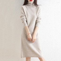 Casual Dresses 2024 Women Knitting Sweater Dress For Autumn Winter Fashion Turtleneck Warm Solid Slim Office Lady Long Bottom