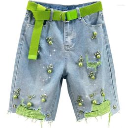 Women's Jeans Diamond Pierced Denim Shorts For 2024 Summer Loose High Waisted Beaded Five Capris Female Casual Short Pants