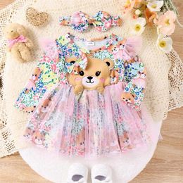 Girl Dresses 0-24M Baby Girls Casual Dress Cartoon Bear Long Sleeve Tulle A-line With Headband Sets Infant Toddler Clothes 2024 Spring