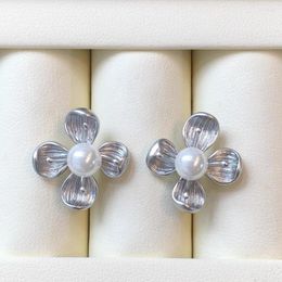 Stud Earrings MeiBaPJ DIY 925 Silver Holder 5-6mm Natural Round Pearls Fashion Flower Fine Wedding Jewelry For Women