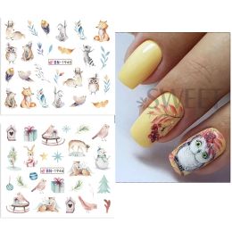 12pcs Christmas Nail Stickers Winter Cute Penguin Birds Bear Cat Animal Snowflake Manicure Water Slider Decals Xmas Decoration