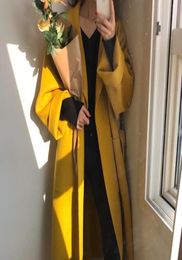 Women Winter Lapel Wool Jacket Woollen Long Coat Cardigan Elegant Warm Loose Bandage Outwear With Pocket Black Yellow1956411