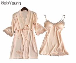 BabYoung 2018 Autumn Women Silk Bathrobe Pyjamas Sexy Long Sleeve Robes Set Camisole Lace Night Sleep Dress Skirt Home Wear Pink8381459