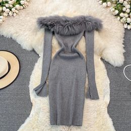 Casual Dresses Women Chic Off Shoulder Fluffy Pencil Dress Long Sleeve Knit Birthday Party Elegant Autumn Winter Sweater Vestidos Grjwd