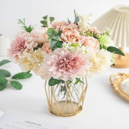 Decorative Flowers Artificial Silk Combination Dahlia Peony Rose Hydrangea With Stem Gift Box DIY Wedding Bridal Bouquets Party Decoration