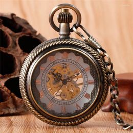 Pocket Watches Bronze Transparent Cover Skeleton Handwinding Mechanical Watch For Men Women Roman Number Dial Pendant Chain Gift