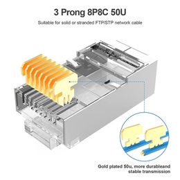 Hoolnx RJ45 Connector 2 Pieces STP CAT6 Modular PLugs 50U Gold Ethernet Ends Plated Load Bar for 23-24 AWG Lan Patch Cable