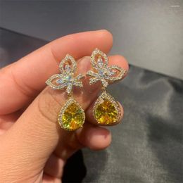 Stud Earrings Cute Big Bling Yellow Zircon Stone Water Drop For Women Fashion Jewellery Korean Silver Colour