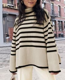 Black And White Stripe Sweater Streetwear Loose Tops Women Pullover Female Jumper Long Sleeve Turtleneck Knitted Ribbed Sweaters 21642499