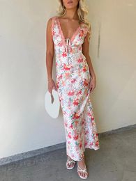 Casual Dresses Women's Long Tank Dress Flower Print Lace Trim Deep V Neck Sleeveless Backless Bodycon For Beach Party Club Wedding