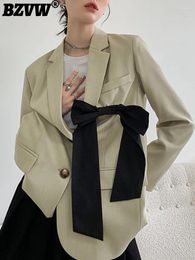 Women's Suits BZVW Bow Tie Blazer Coat Women Notched Collar Long Sleeves Loose Design Suit Top Fashion Clothing 2024 Summer 2DA5143