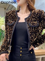 Women's Jackets Heavy Industry Velvet Sequined Down Jacket Coat Women Autumn And Winter Office Lady Round Neck Long Sleeve Short Gold