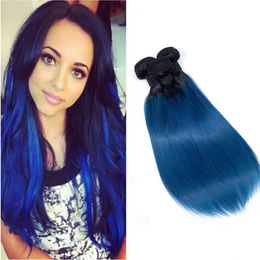 Brazilian Virgin Hair 1B Blue Ombre Human Hair Straight 12-26inchThree Bundles 1b/Blue Hair Wefts 3 pieces Ceppm