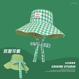 Berets Korean Sweet Versatile Double-sided Big Brim Bucket Hat Summer Outing Sun Protection Retro Color Matching Plaid Women's Cap