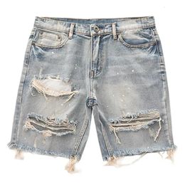 Summer Men Slim Fit Hole Lazy Shorts Jeans Youth Fashion Hip Hop Retro Y2K Baggy Cargo Short Pants 240522
