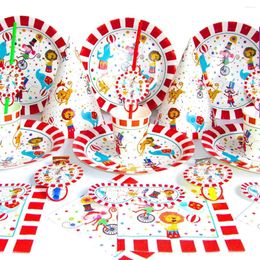 Disposable Dinnerware 63Pcs Circus Theme Tableware Reusable Party Cute Kids Striped Animals Birthday Supplies Paper Plates