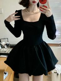 Casual Dresses Winter French Elegant One Piece Dress Women Black Patchwork Vintage Party Mini Female Korean Style Sweet Chic 2024