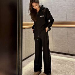 Women's Suits & Blazers Mm24 Heavy Industry Water Diamond Bead Decorative Zipper Sweater+straight Leg Casual Pants
