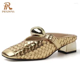 Dress Shoes PRXDONG Women Brand Summer Quality Med Heels Open Toe Gold Silver Party Casual Lady Sandals Slippers Size 34-40