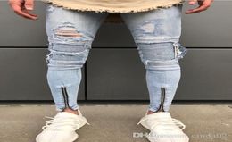 Men Light Blue Biker Jeans Denim Ripped Holes Slim Supper Skinny Hip Hop Heans For Men4852626