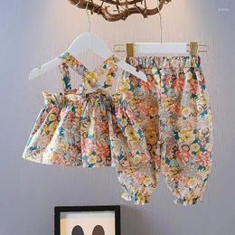 Clothing Sets Girls' Short Suspenders Shirt Pants Two-piece Suits Summer Colorful Floral Korea Casual Fashion Children's Princess