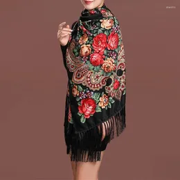 Scarves Flower Print Black Tassel Scarf Vintage Windproof Shawl Women Outdoor Head Wrap Boho Hijab Turban 170 65cm