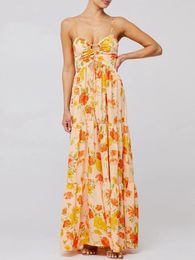 Casual Dresses Women's Long Beach Dress Sleeveless Spaghetti Strap Cross Tie-up Front Floral Print Midi Slip