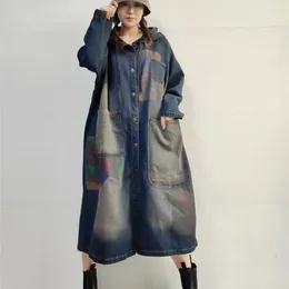 Women's Trench Coats Retro Hooded Female Plus Size Ink Painting Printing Cardigan Coat